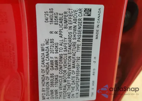 2025 Honda Civic Sport из США, поврежденный, VIN 2HGFE2F55SH591792